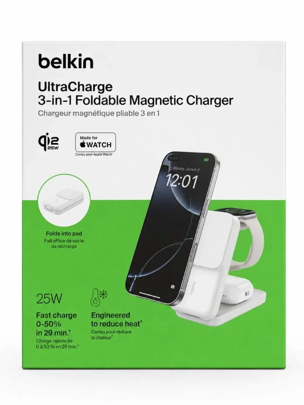 Belkin UltraCharge 3-in-1 Foldable Magnetic Charger 25w White Used
